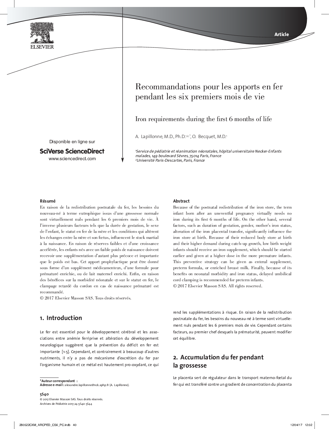 ArticleRecommandations pour les apports en fer pendant les six premiers mois de vieIron requirements during the first 6 months of life