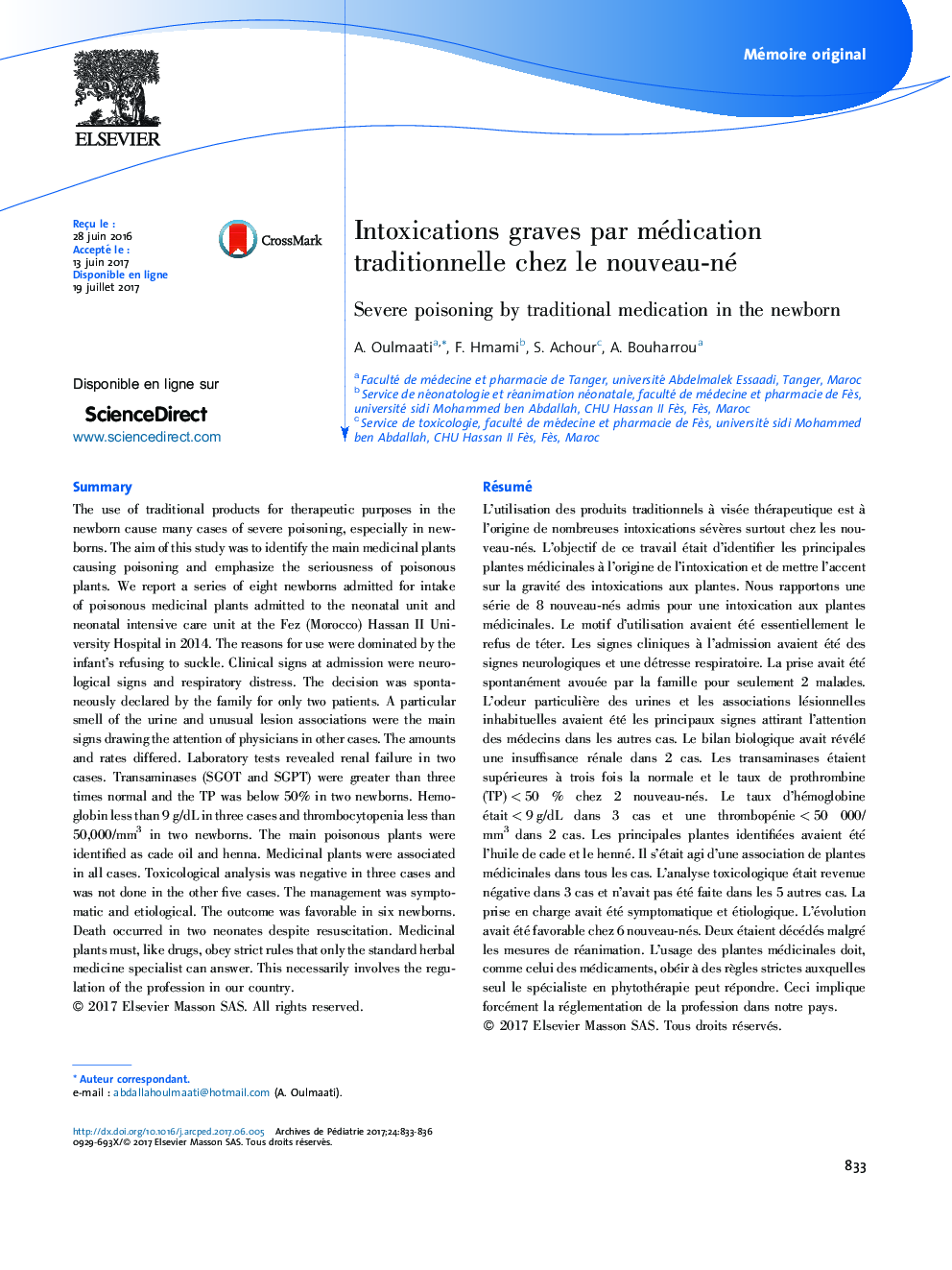 Mémoire originalIntoxications graves par médication traditionnelle chez le nouveau-néSevere poisoning by traditional medication in the newborn