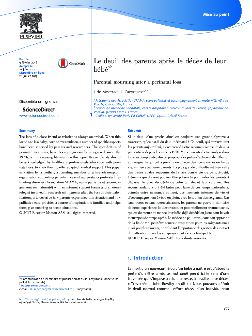 Mise au pointLe deuil des parents aprÃ¨s le décÃ¨s de leur bébéParental mourning after a perinatal loss