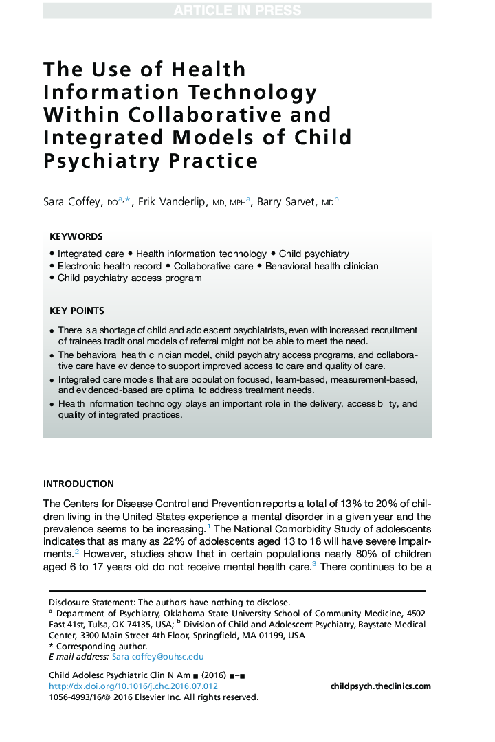 The Use of Health Information Technology Within Collaborative and Integrated Models of Child Psychiatry Practice