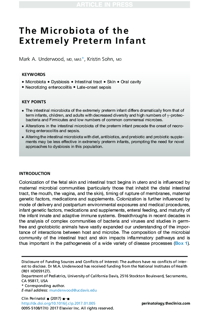 The Microbiota of the Extremely Preterm Infant