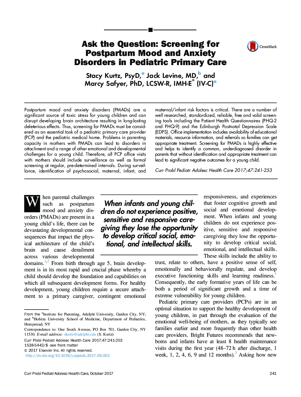 Ask the Question: Screening for Postpartum Mood and Anxiety Disorders in Pediatric Primary Care