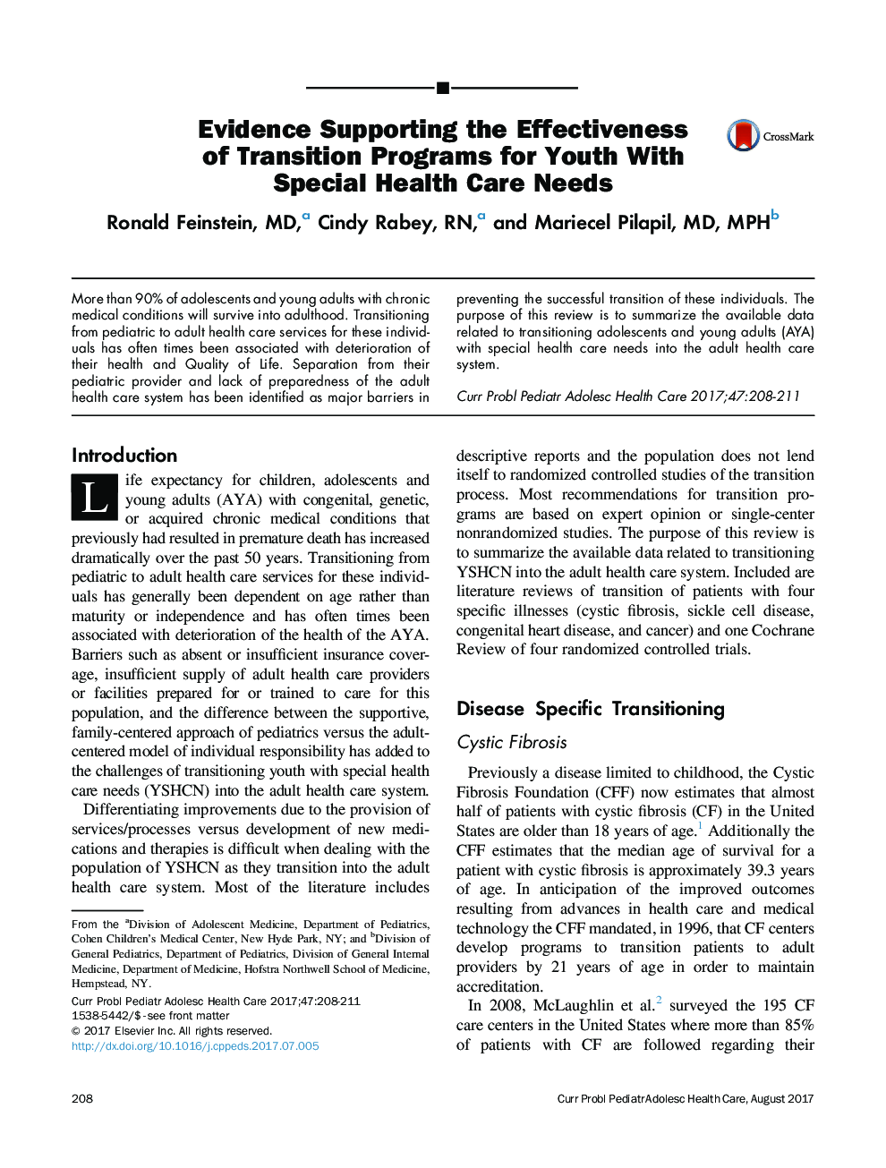 Evidence Supporting the Effectiveness of Transition Programs for Youth With Special Health Care Needs