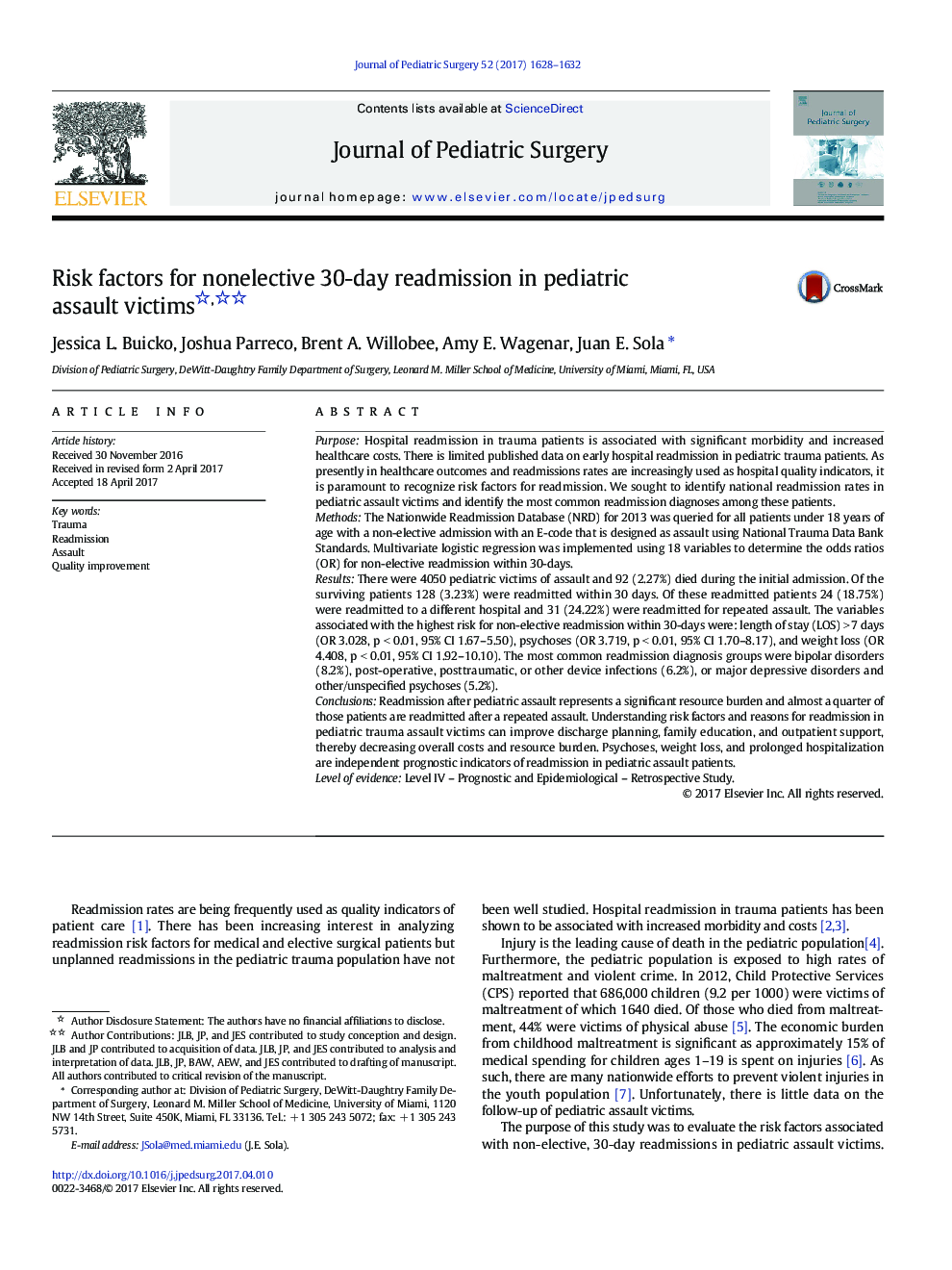 Trauma/Critical CareRisk factors for nonelective 30-day readmission in pediatric assault victims