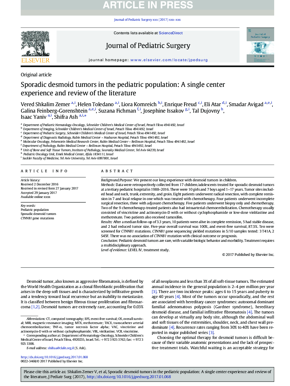 Sporadic desmoid tumors in the pediatric population: A single center experience and review of the literature