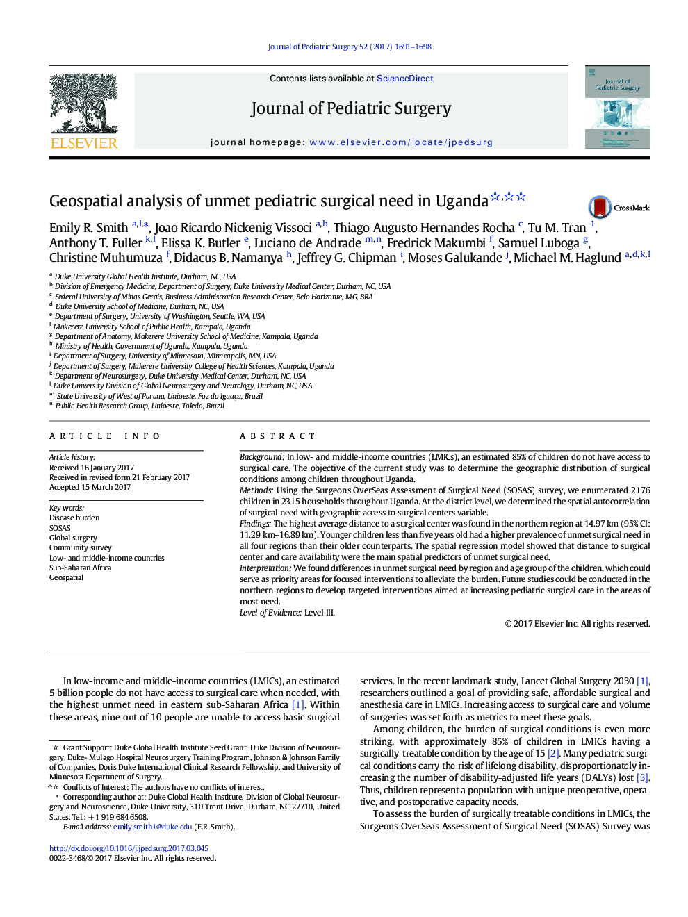 Geospatial analysis of unmet pediatric surgical need in Uganda