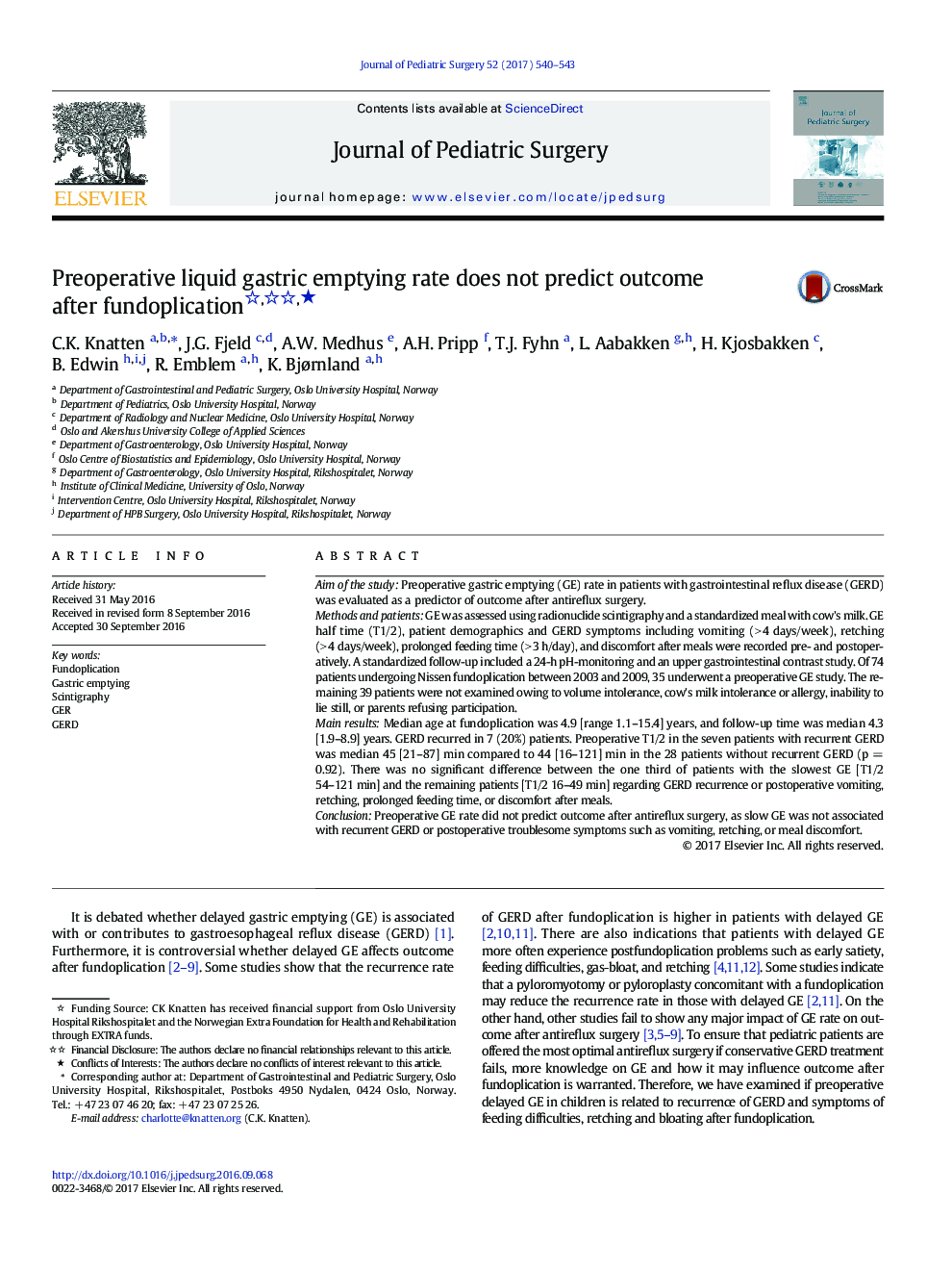 Original ArticlePreoperative liquid gastric emptying rate does not predict outcome after fundoplicationâ