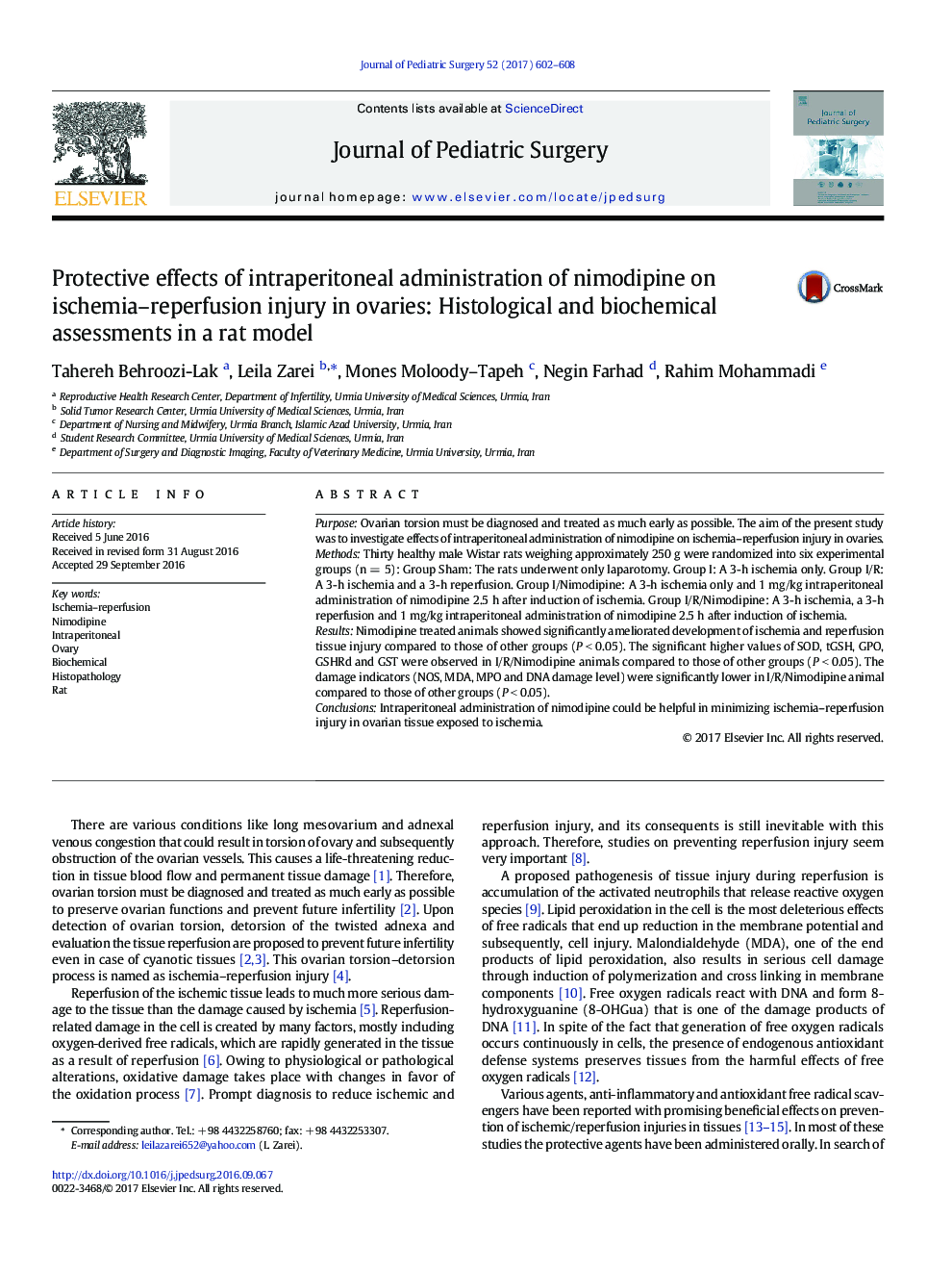 اثر اصلی مقاله ای از تجویز داخل صفاقی نامیدیپین بر آسیب های ایسکمی-رپرفیوژن در تخمدان: ارزیابی های هیستولوژیکی و بیوشیمیایی در یک مدل موش 