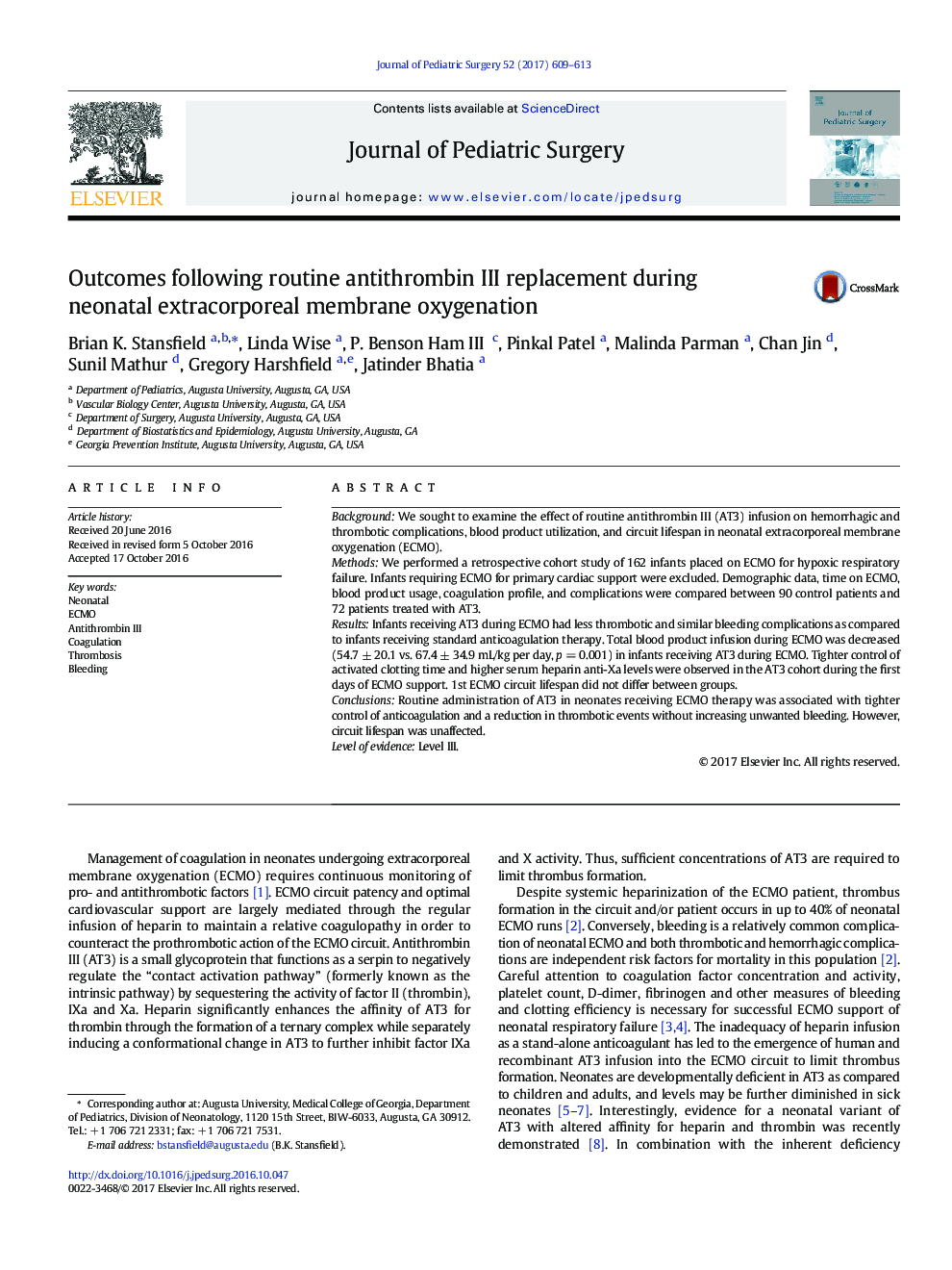 Original ArticleOutcomes following routine antithrombin III replacement during neonatal extracorporeal membrane oxygenation