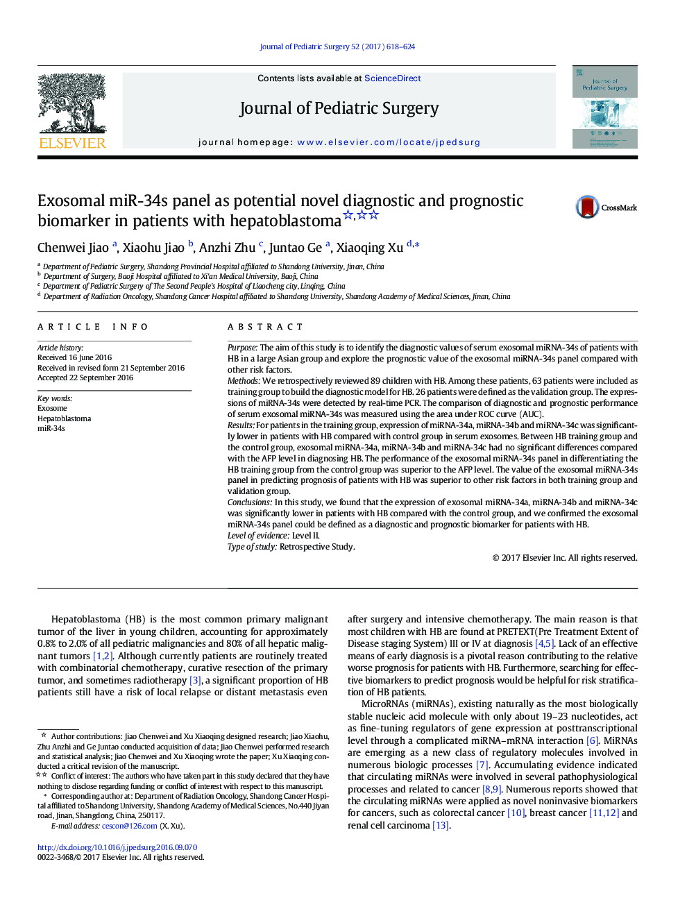 Original ArticleExosomal miR-34s panel as potential novel diagnostic and prognostic biomarker in patients with hepatoblastoma