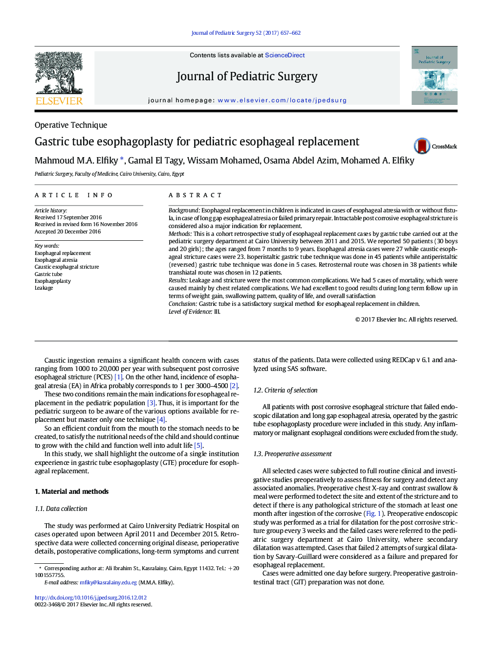 Operative TechniqueGastric tube esophagoplasty for pediatric esophageal replacement