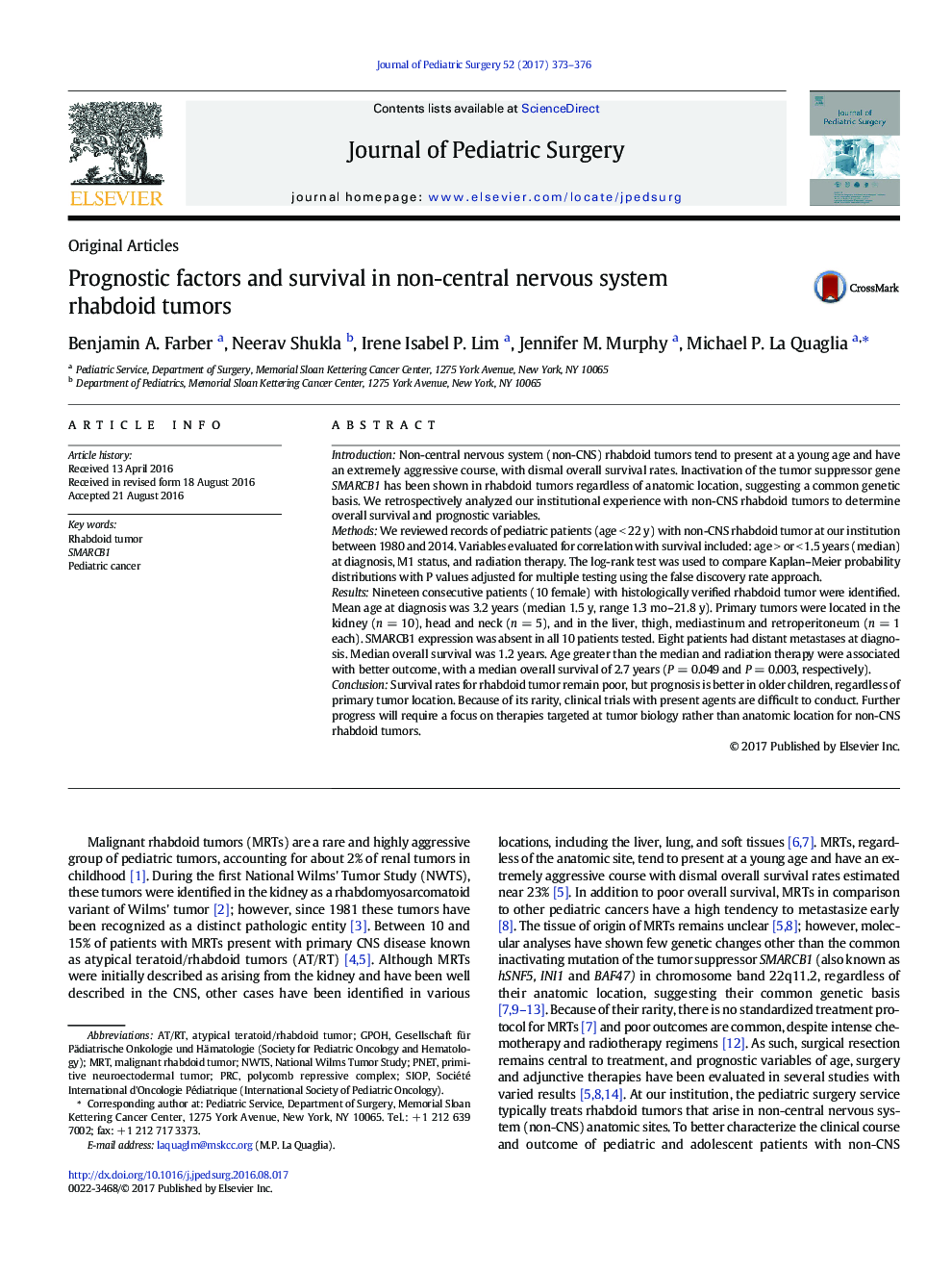 Original ArticlePrognostic factors and survival in non-central nervous system rhabdoid tumors