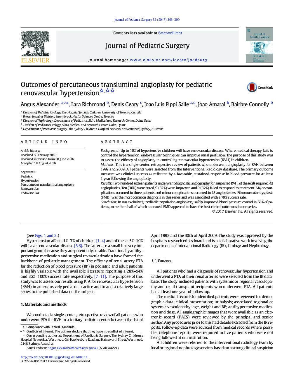 Original ArticleOutcomes of percutaneous transluminal angioplasty for pediatric renovascular hypertension