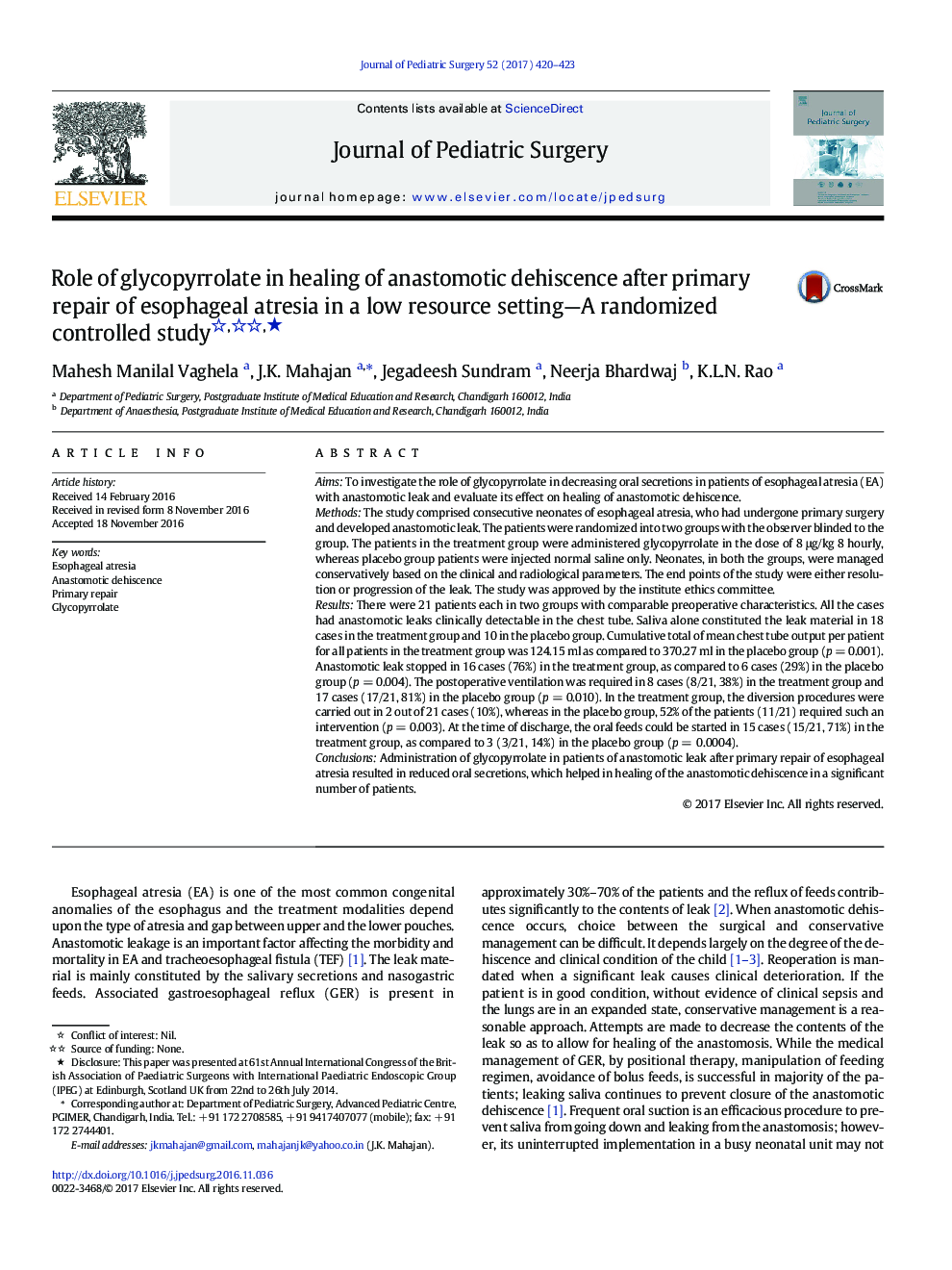 Original ArticleRole of glycopyrrolate in healing of anastomotic dehiscence after primary repair of esophageal atresia in a low resource setting-A randomized controlled studyâ