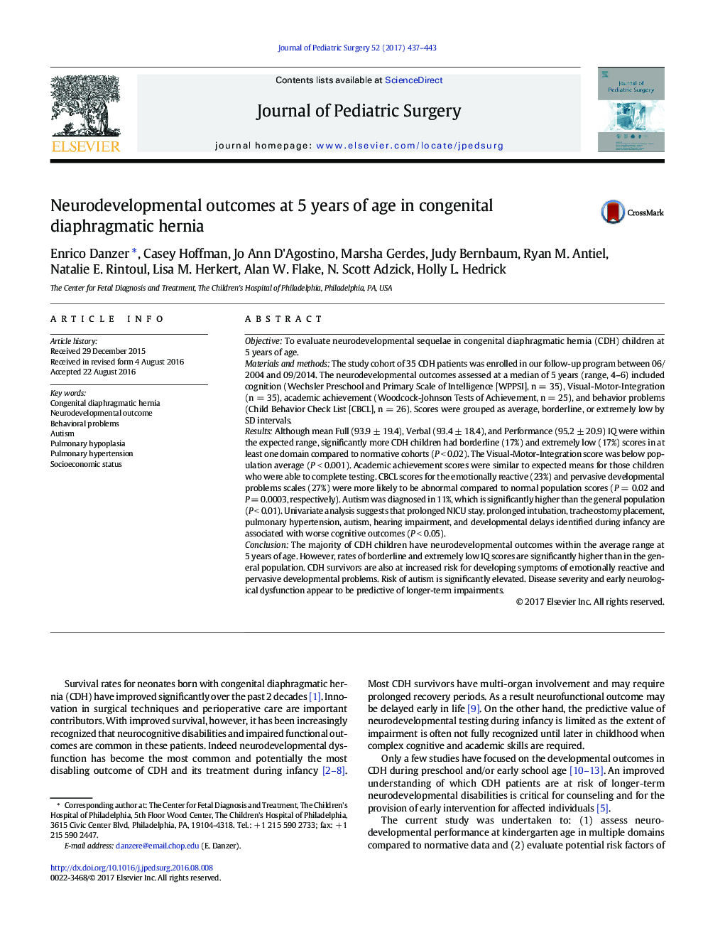 Neurodevelopmental outcomes at 5Â years of age in congenital diaphragmatic hernia