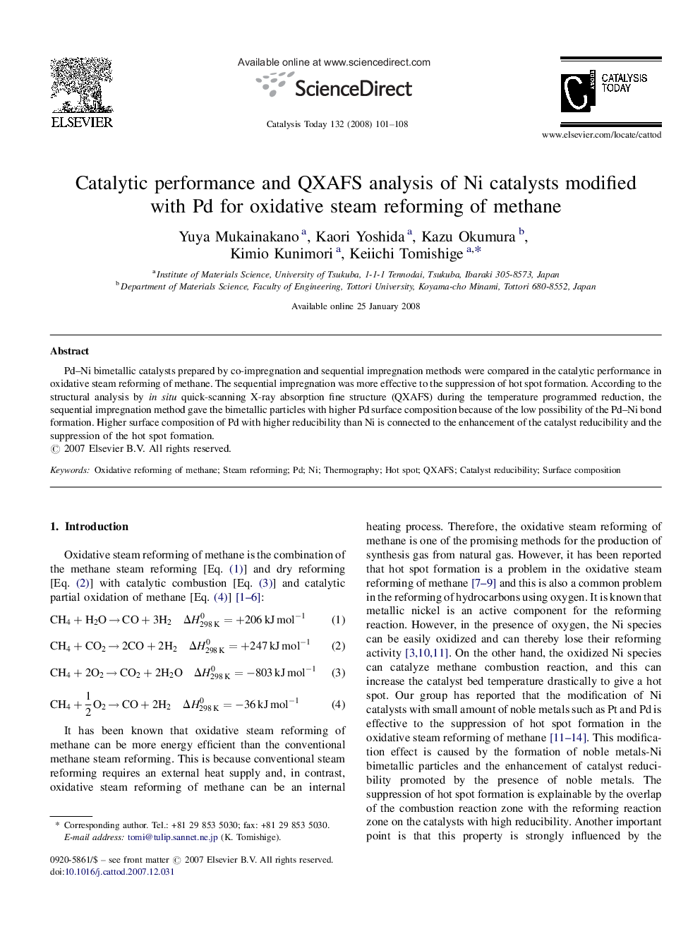 Catalytic performance and QXAFS analysis of Ni catalysts modified with Pd for oxidative steam reforming of methane