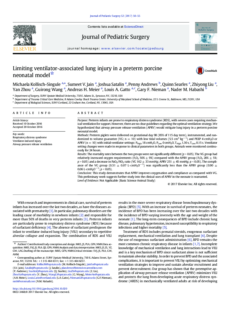 APSA PaperLimiting ventilator-associated lung injury in a preterm porcine neonatal model