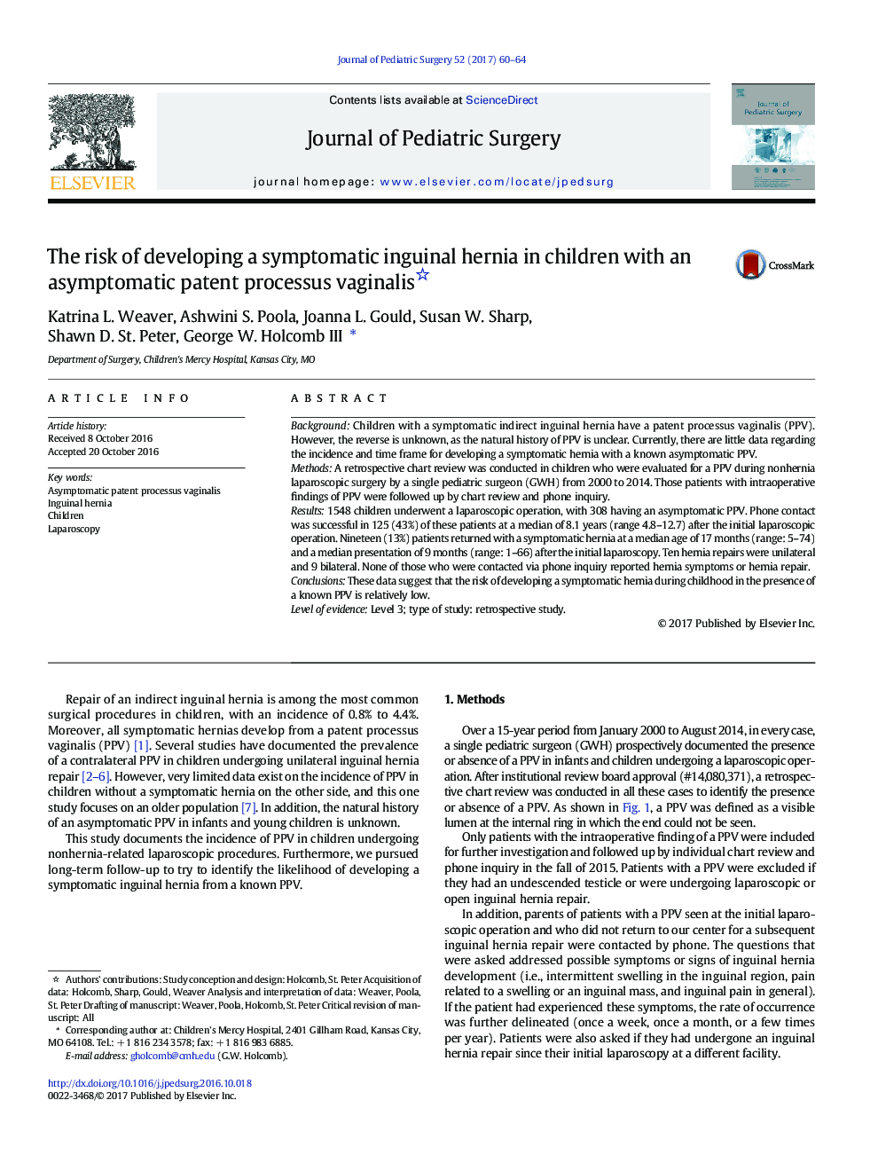 APSA PaperThe risk of developing a symptomatic inguinal hernia in children with an asymptomatic patent processus vaginalis