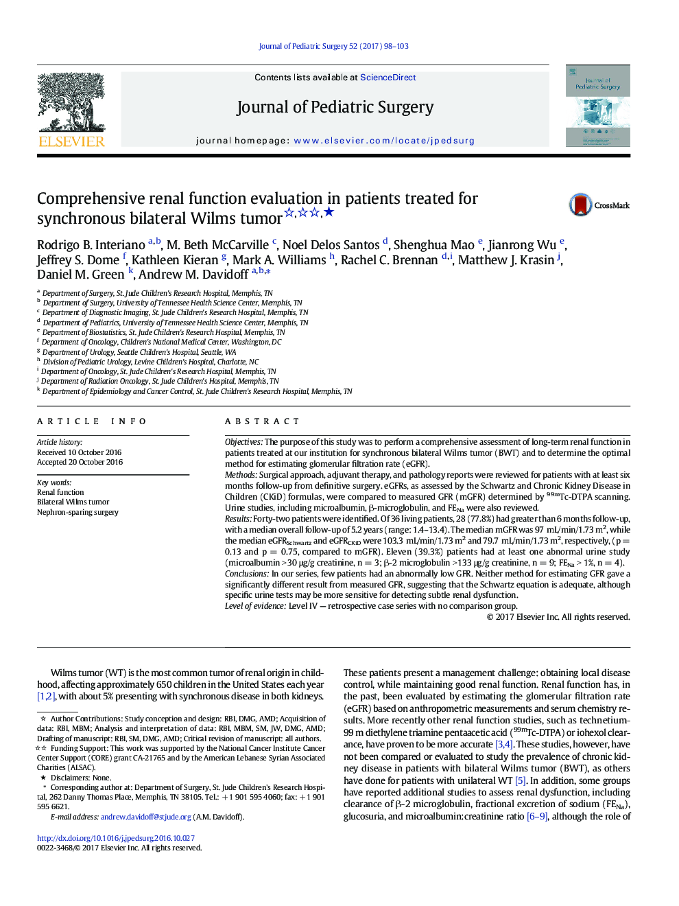 APSA PaperComprehensive renal function evaluation in patients treated for synchronous bilateral Wilms tumorâ