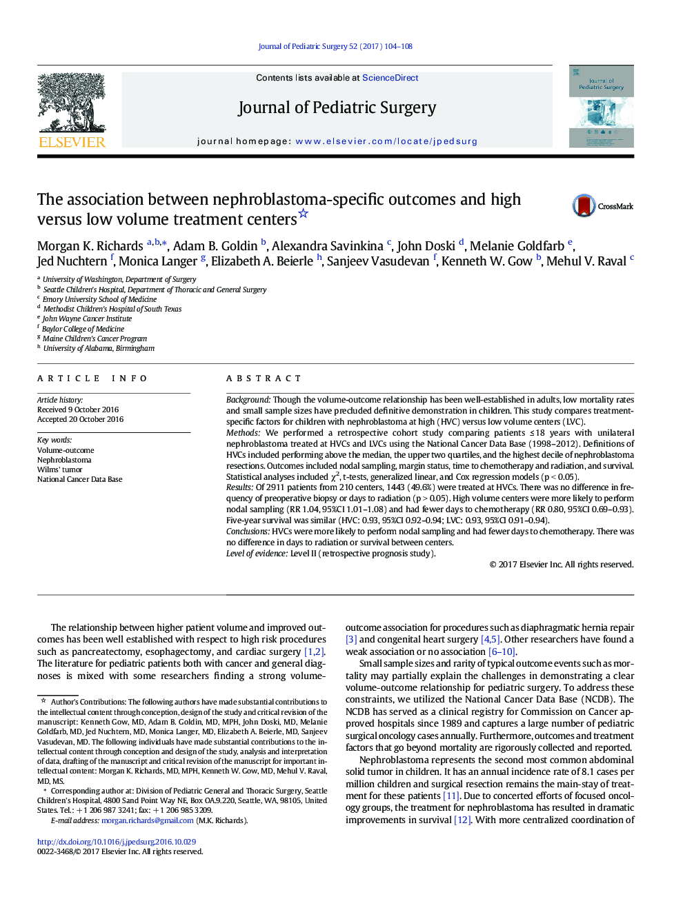 APSA PaperThe association between nephroblastoma-specific outcomes and high versus low volume treatment centers