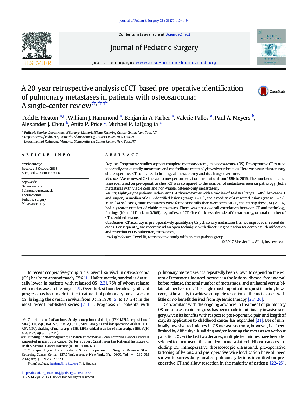 APSA PaperA 20-year retrospective analysis of CT-based pre-operative identification of pulmonary metastases in patients with osteosarcoma: A single-center review