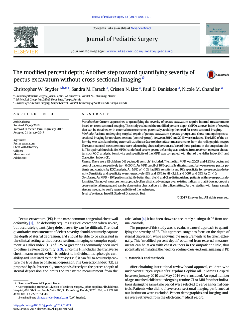 Clinical PaperThe modified percent depth: Another step toward quantifying severity of pectus excavatum without cross-sectional imaging