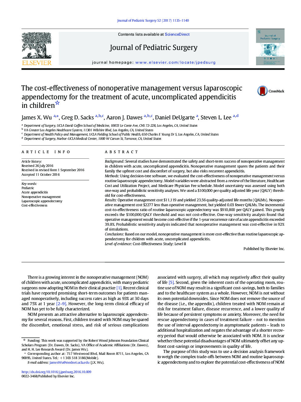 مقاله بالینی. هزینه-اثربخشی مدیریت غیر عملیاتی در مقابل آپاندکتومی لاپاروسکوپی برای درمان آپاندیسیت حاد و غیر عادی در کودکان 
