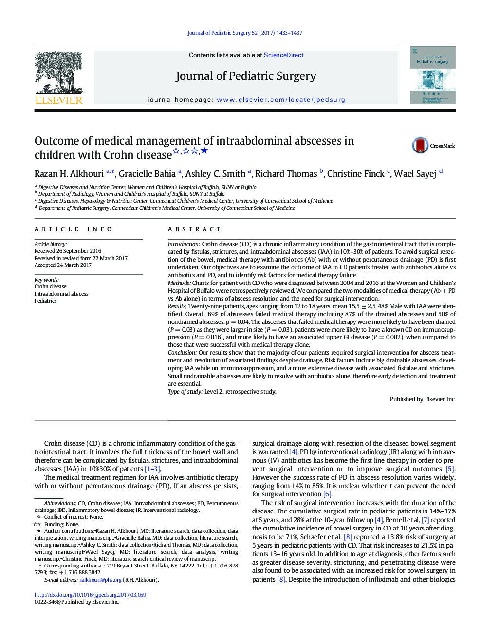 ClinicalOutcome of medical management of intraabdominal abscesses in children with Crohn diseaseâ