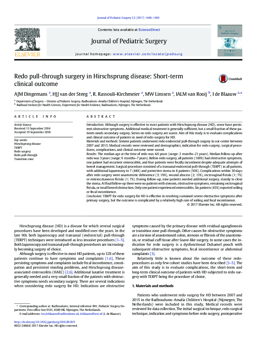 ClinicalRedo pull-through surgery in Hirschsprung disease: Short-term clinical outcome