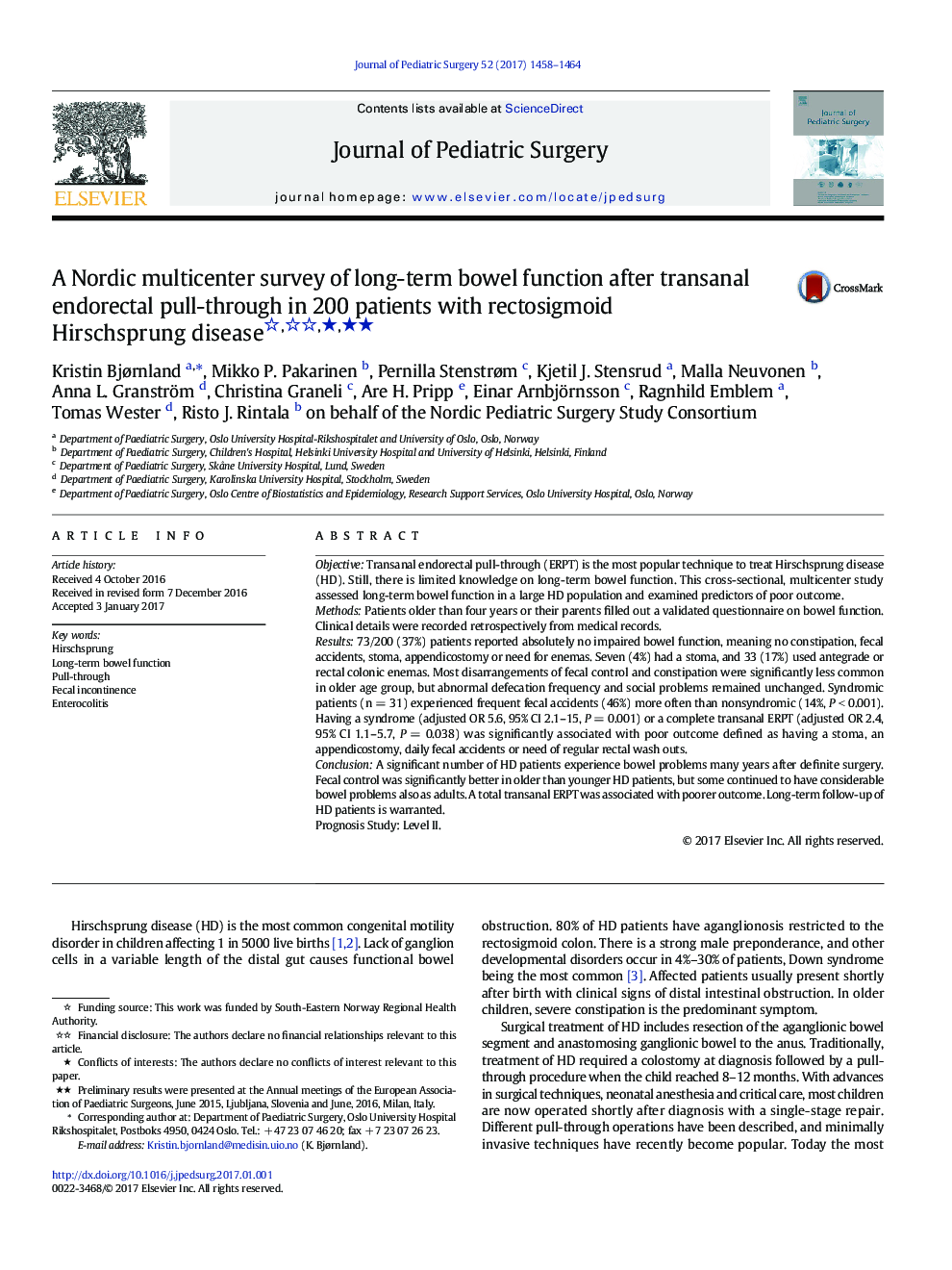 ClinicalA Nordic multicenter survey of long-term bowel function after transanal endorectal pull-through in 200 patients with rectosigmoid Hirschsprung diseaseâââ