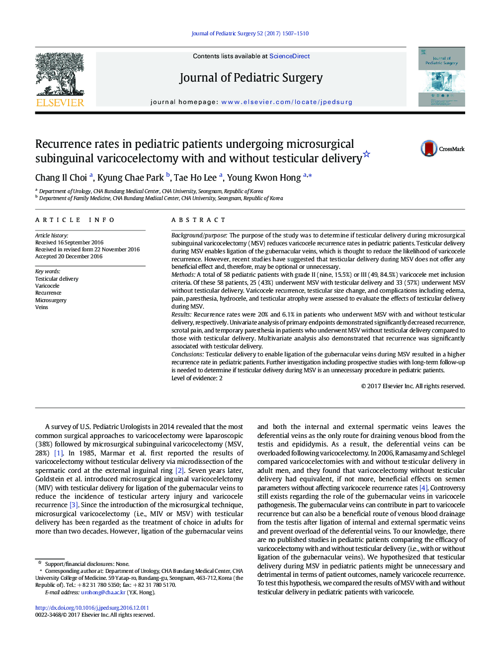 ClinicalRecurrence rates in pediatric patients undergoing microsurgical subinguinal varicocelectomy with and without testicular delivery