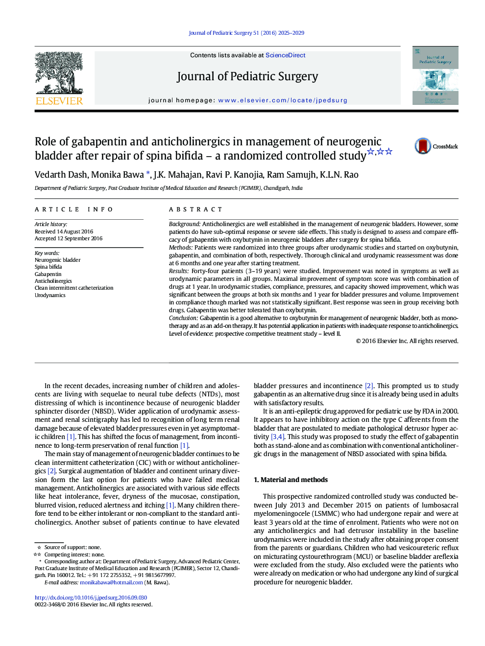 PAPS PaperRole of gabapentin and anticholinergics in management of neurogenic bladder after repair of spina bifida - a randomized controlled study