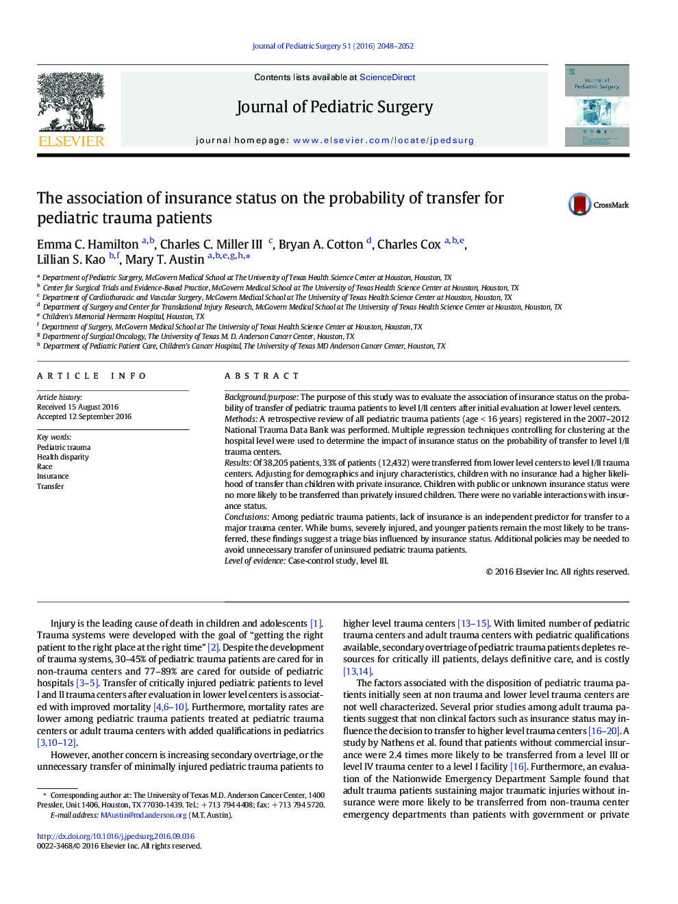 PAPS PaperThe association of insurance status on the probability of transfer for pediatric trauma patients