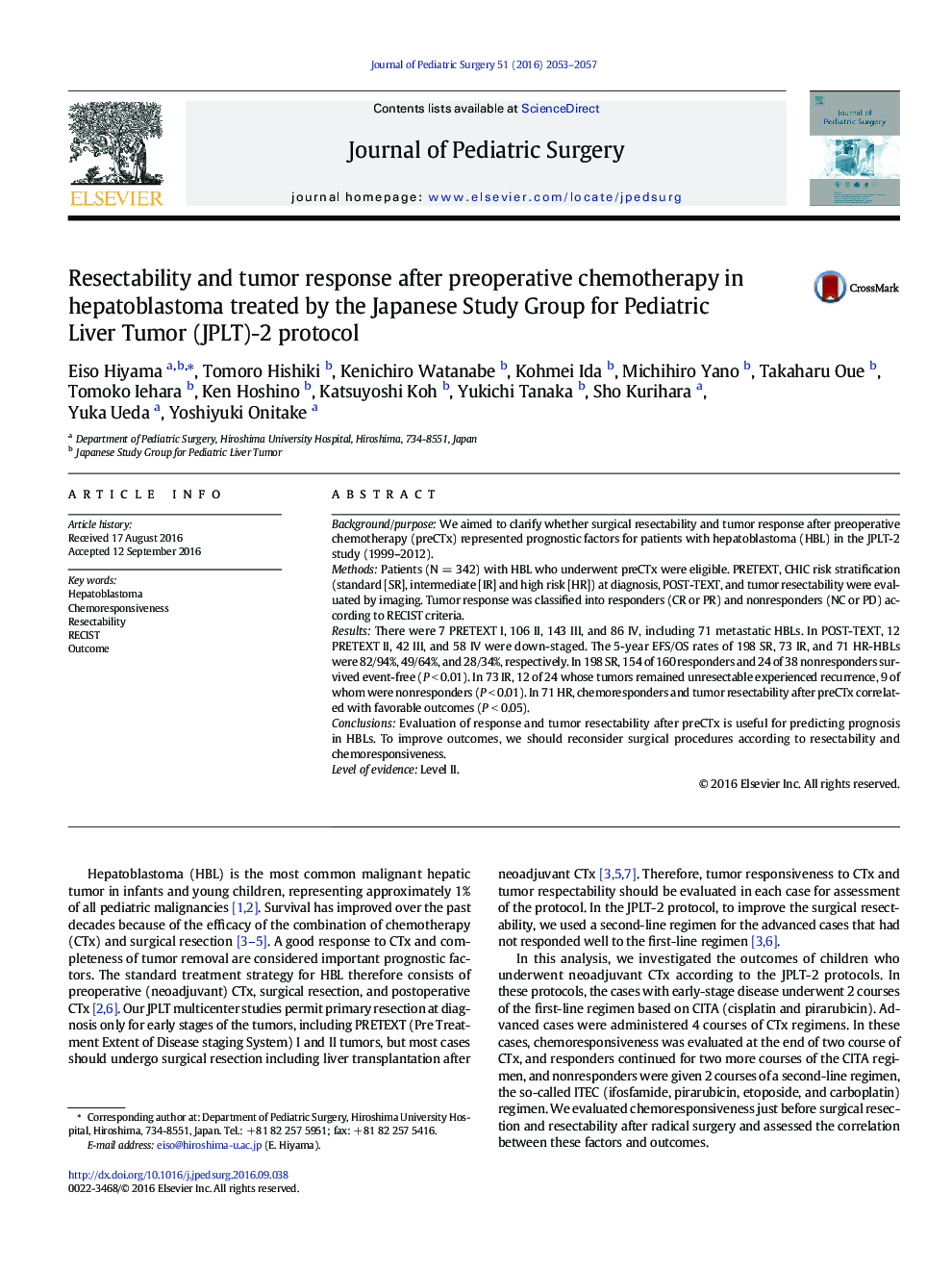 PAPS PaperResectability and tumor response after preoperative chemotherapy in hepatoblastoma treated by the Japanese Study Group for Pediatric Liver Tumor (JPLT)-2 protocol