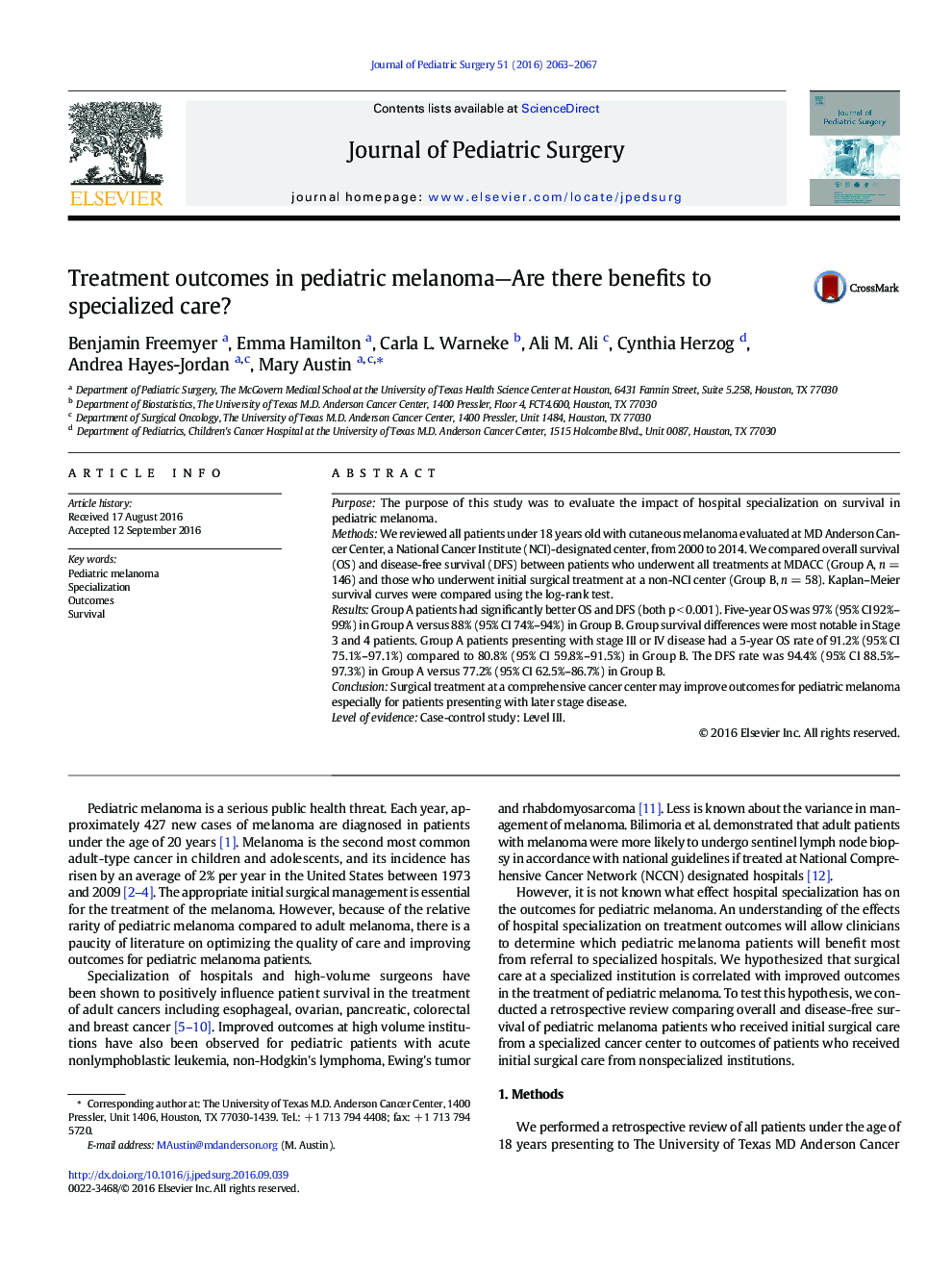 PAPS PaperTreatment outcomes in pediatric melanoma-Are there benefits to specialized care?