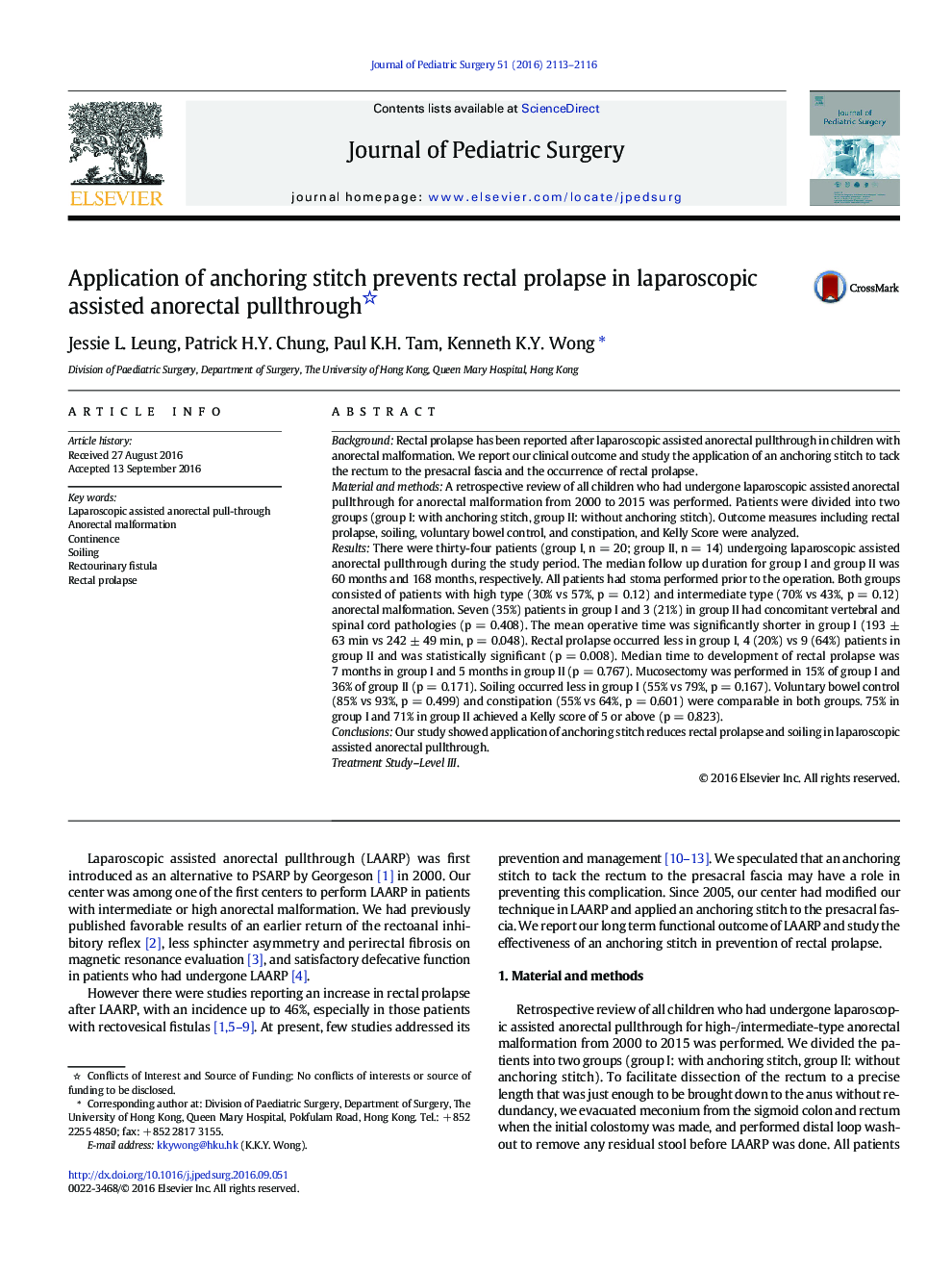 PAPS PaperApplication of anchoring stitch prevents rectal prolapse in laparoscopic assisted anorectal pullthrough