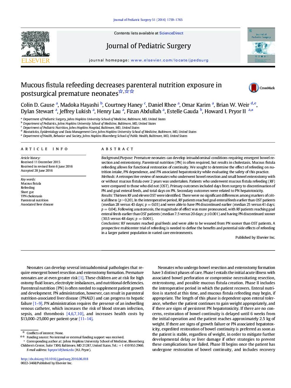 Original ArticleMucous fistula refeeding decreases parenteral nutrition exposure in postsurgical premature neonates