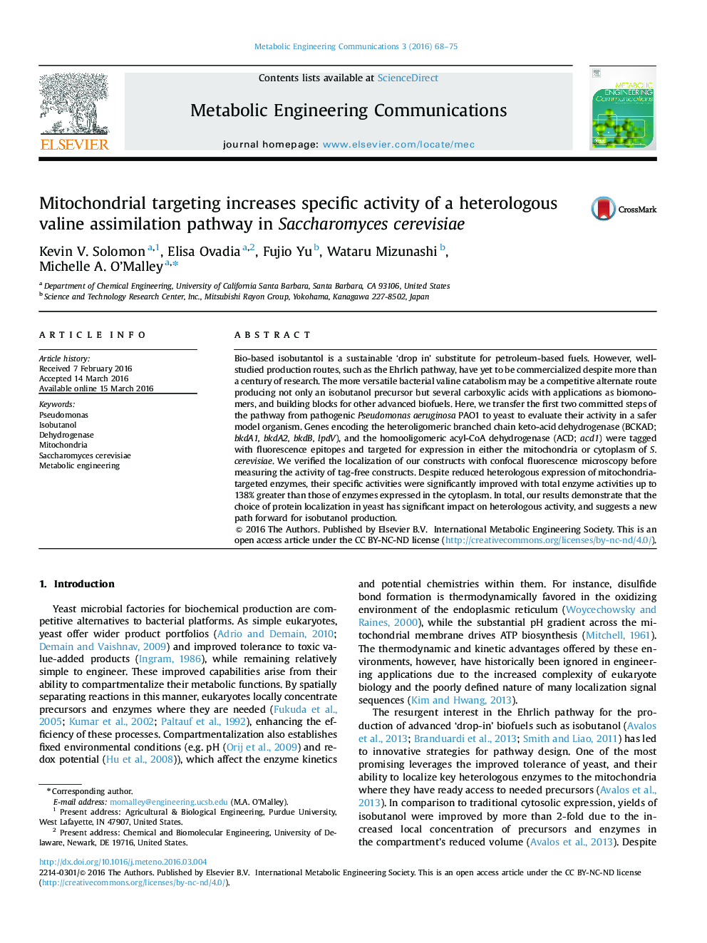 Mitochondrial targeting increases specific activity of a heterologous valine assimilation pathway in Saccharomyces cerevisiae