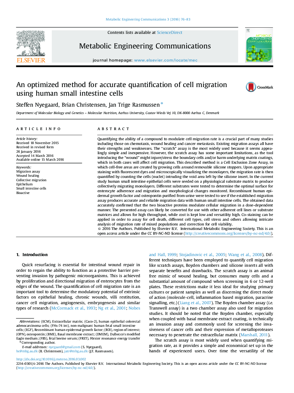 An optimized method for accurate quantification of cell migration using human small intestine cells