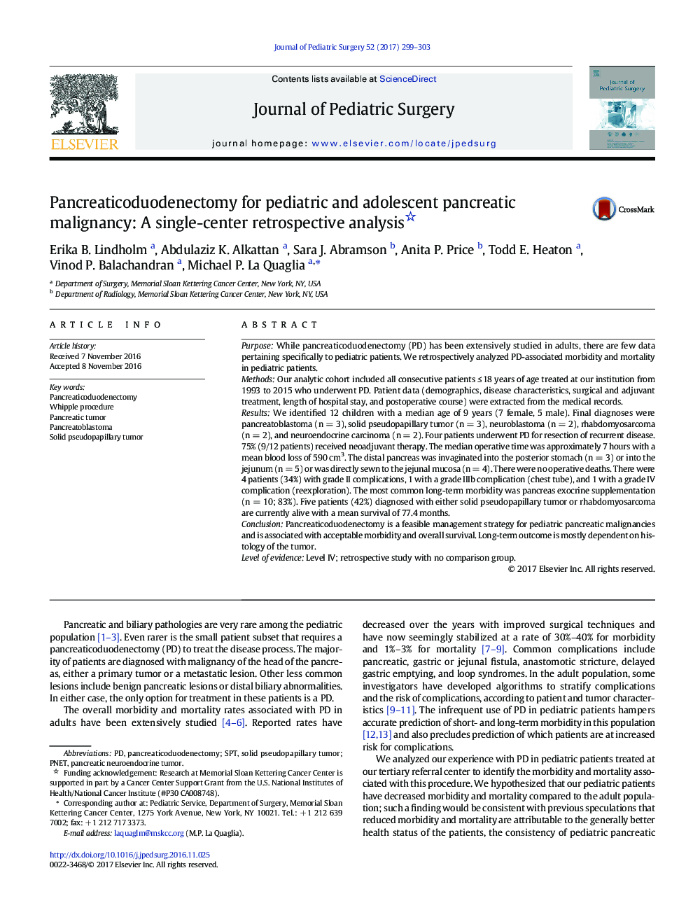 BAPS PaperPancreaticoduodenectomy for pediatric and adolescent pancreatic malignancy: A single-center retrospective analysis