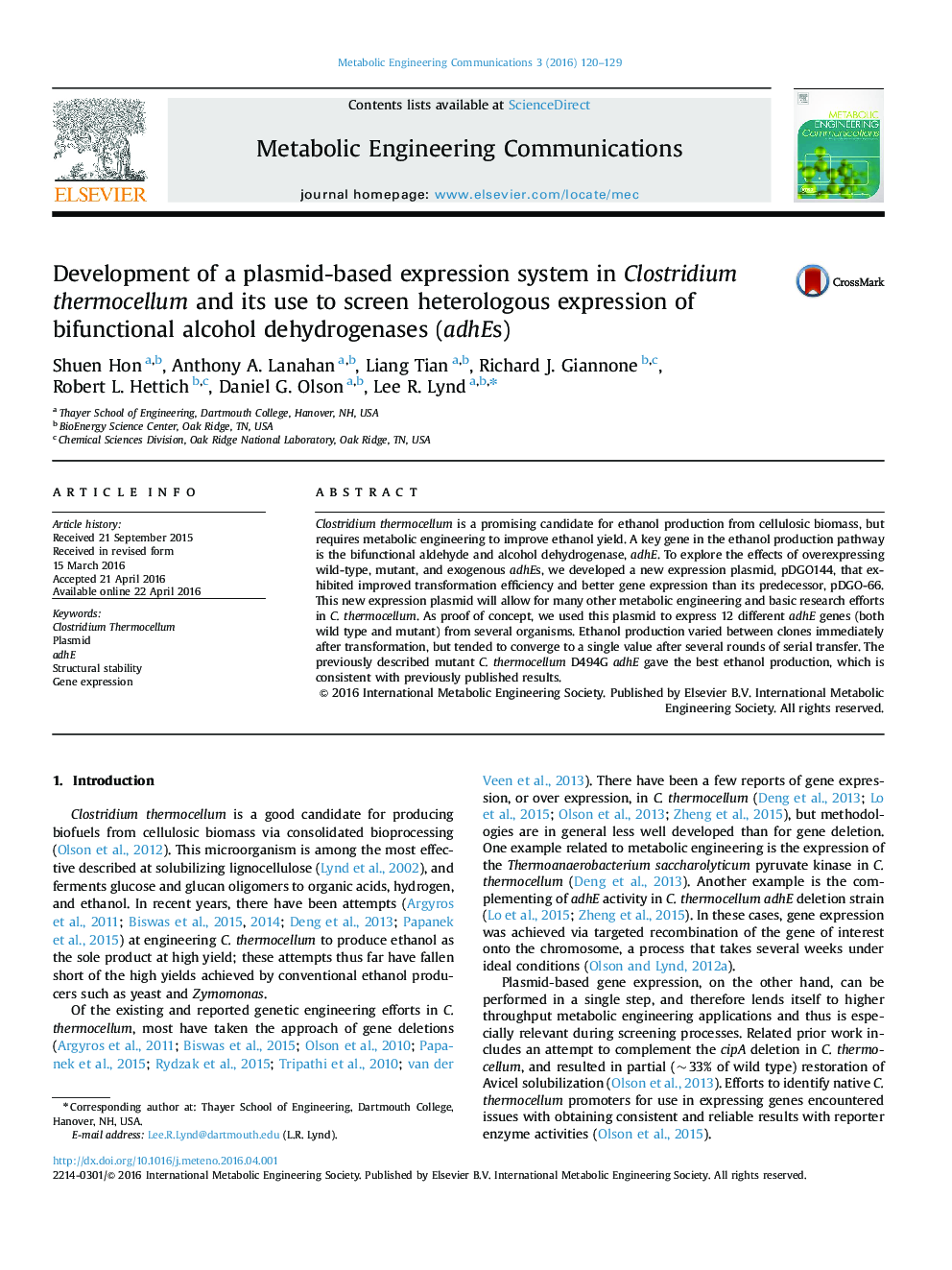 Development of a plasmid-based expression system in Clostridium thermocellum and its use to screen heterologous expression of bifunctional alcohol dehydrogenases (adhEs)