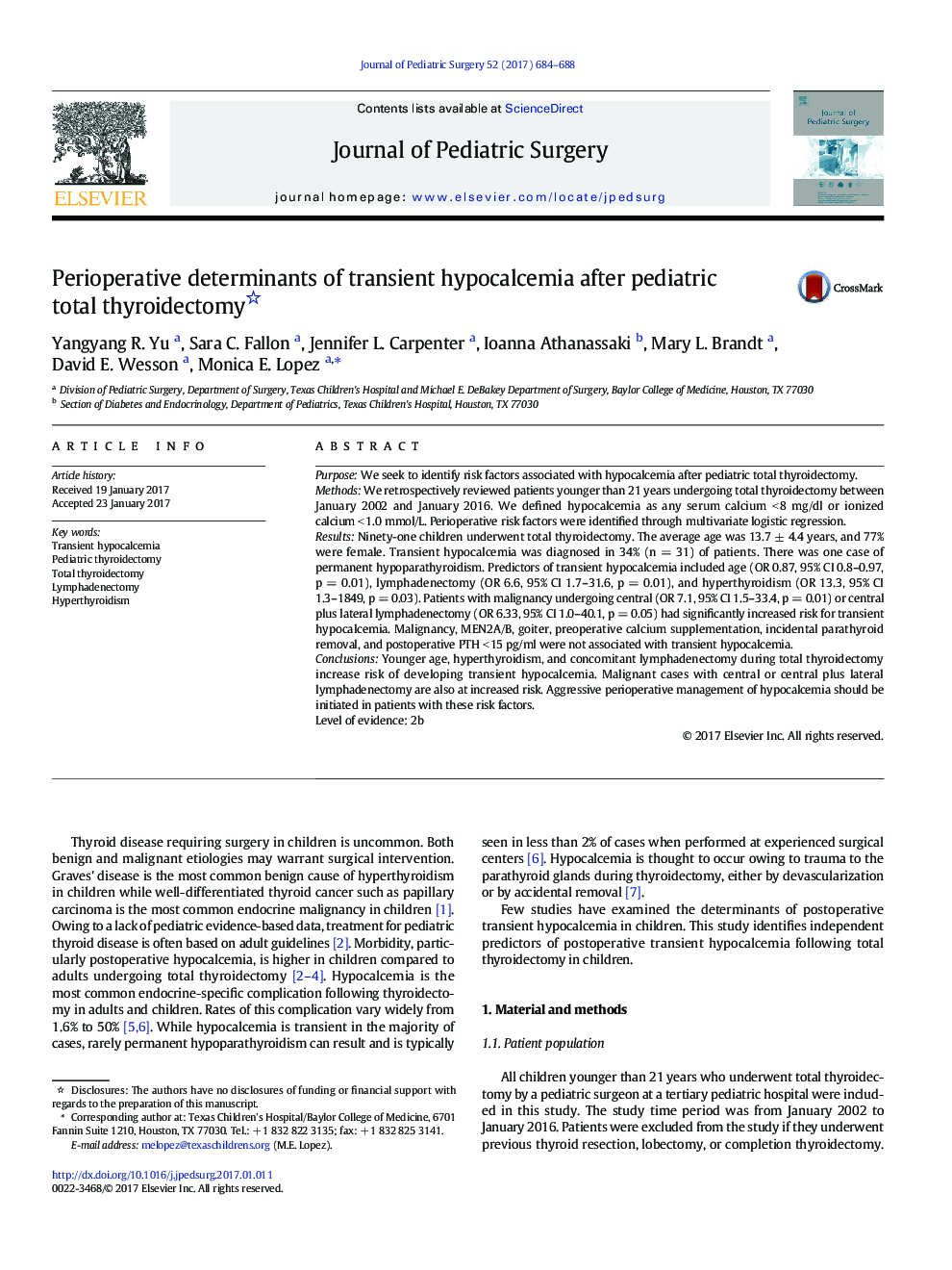 CAPS PaperPerioperative determinants of transient hypocalcemia after pediatric total thyroidectomy