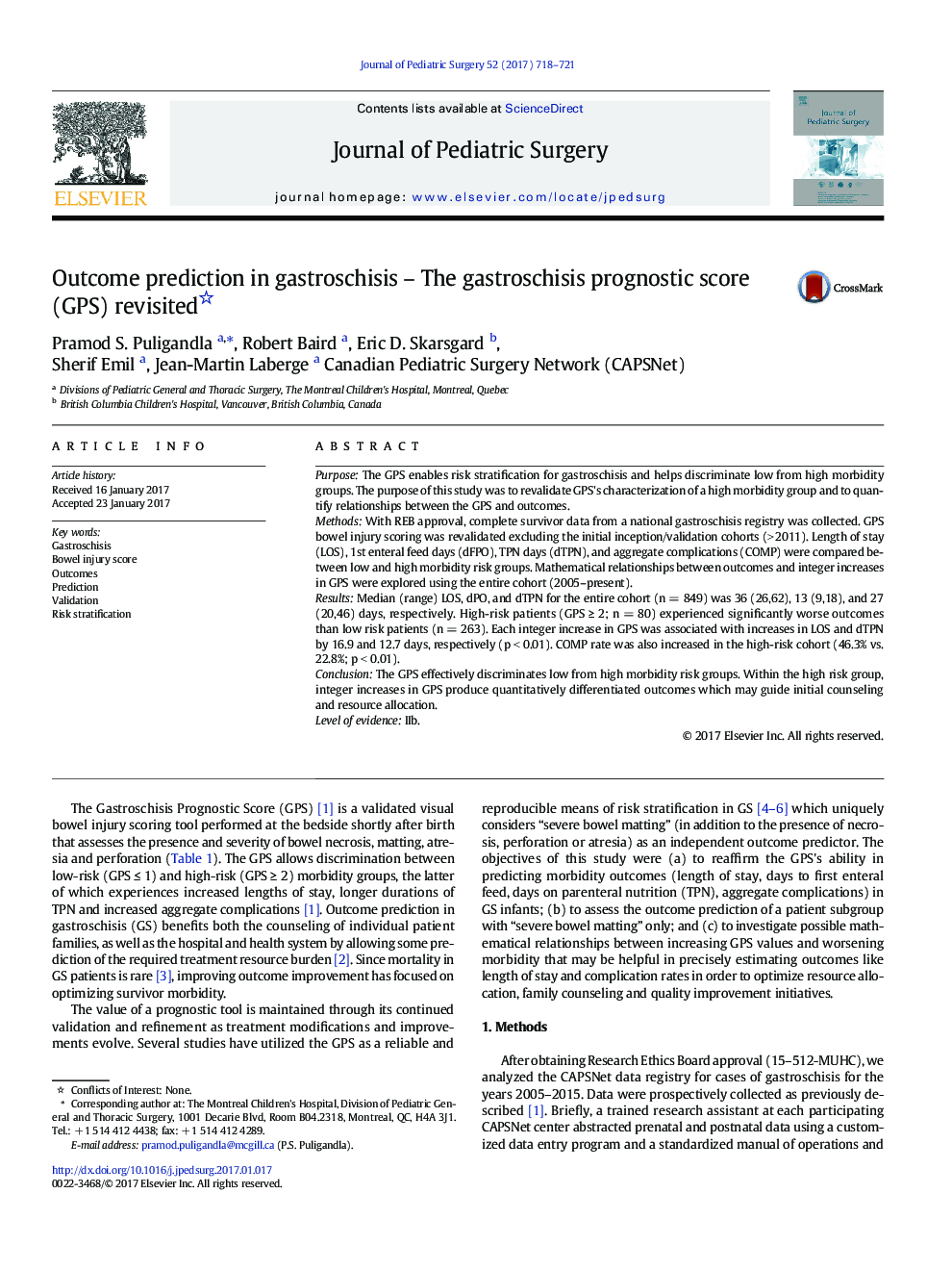 CAPS PaperOutcome prediction in gastroschisis - The gastroschisis prognostic score (GPS) revisited