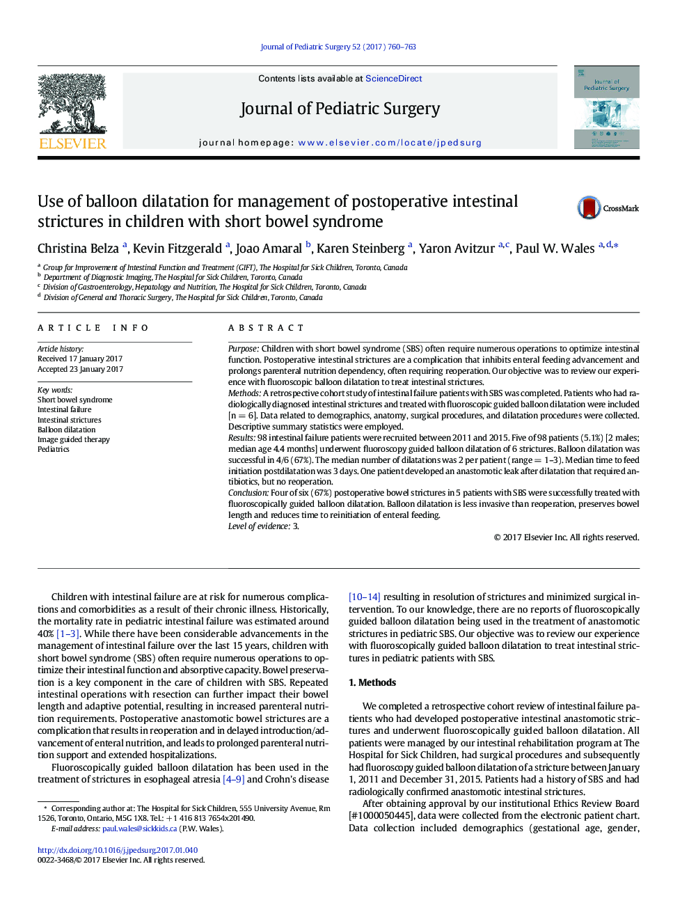 CAPS PaperUse of balloon dilatation for management of postoperative intestinal strictures in children with short bowel syndrome