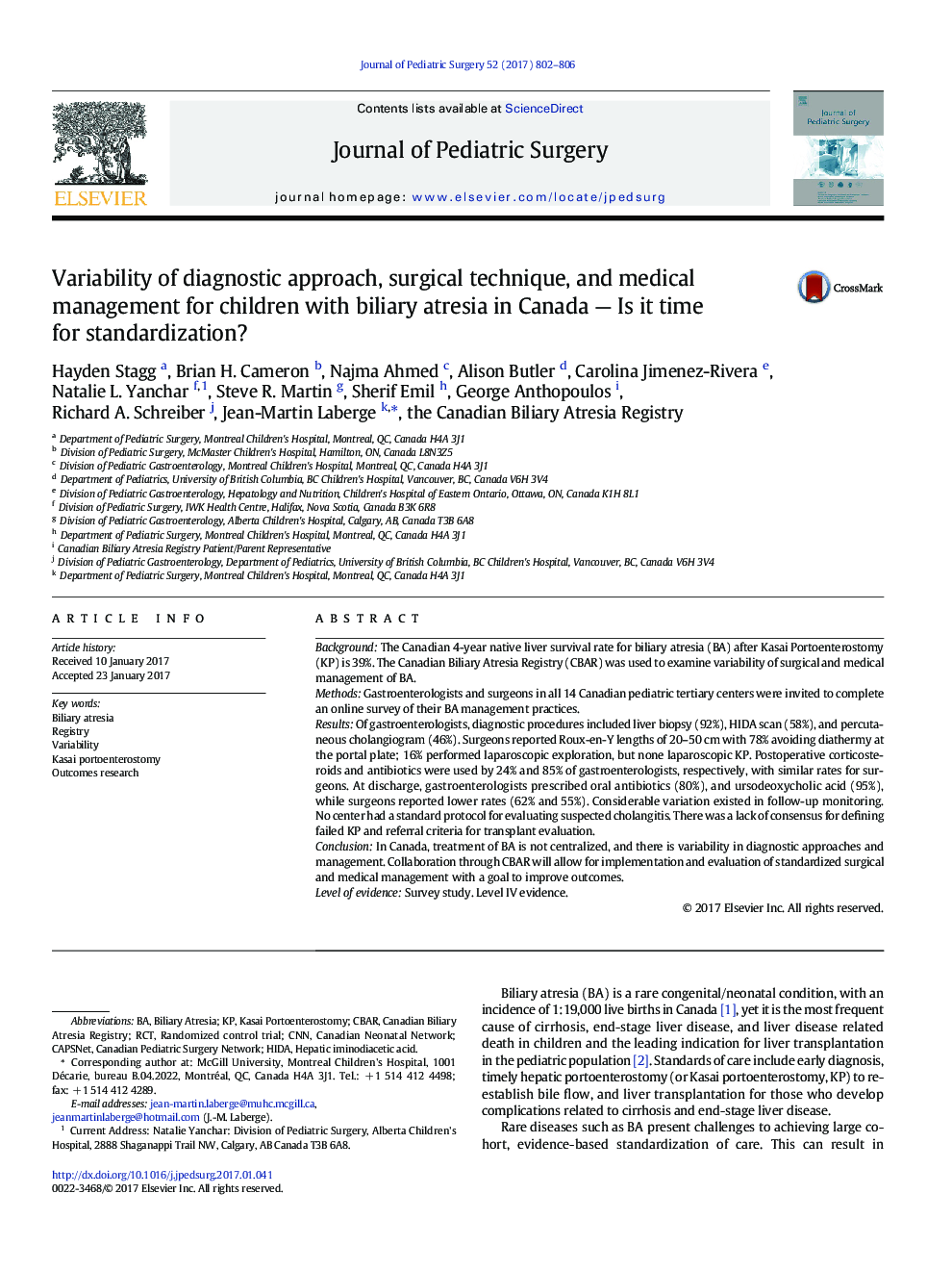 CAPS PaperVariability of diagnostic approach, surgical technique, and medical management for children with biliary atresia in Canada - Is it time for standardization?