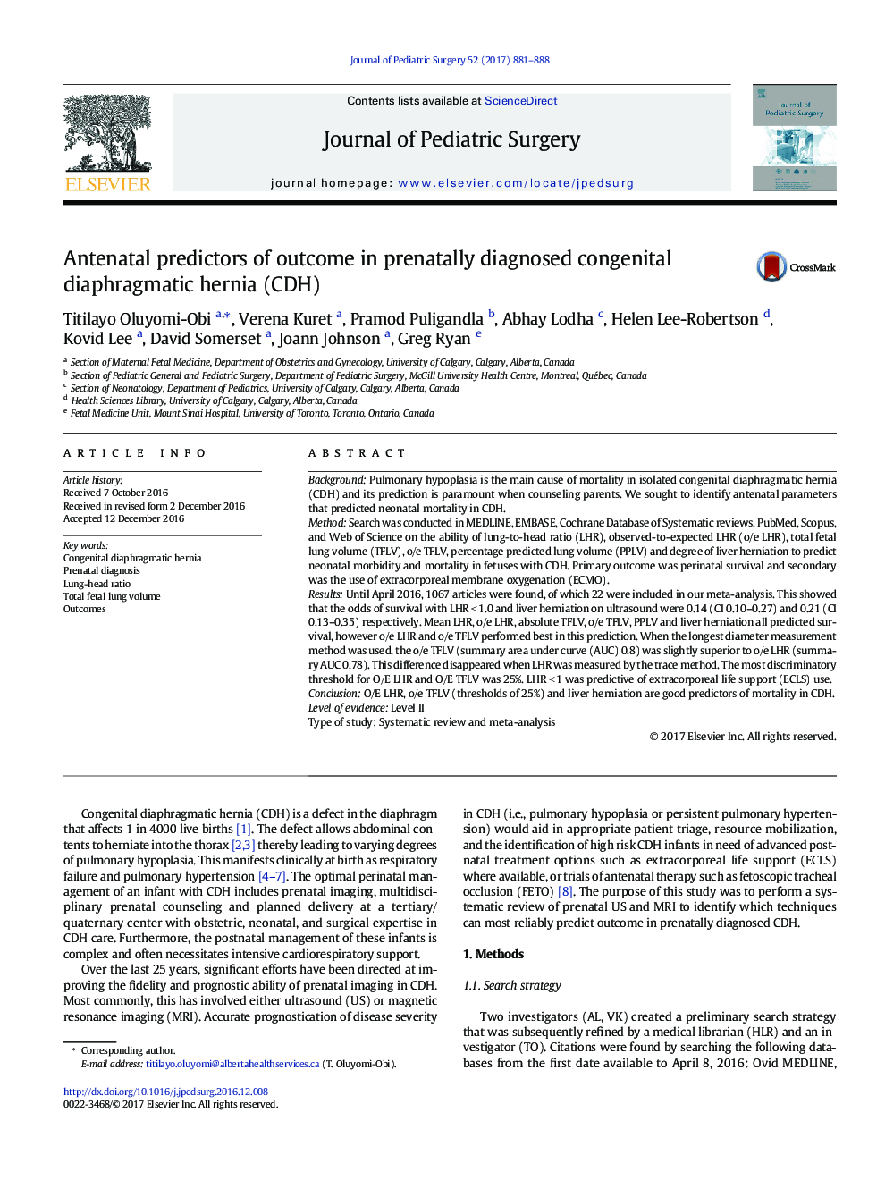 Review ArticleAntenatal predictors of outcome in prenatally diagnosed congenital diaphragmatic hernia (CDH)