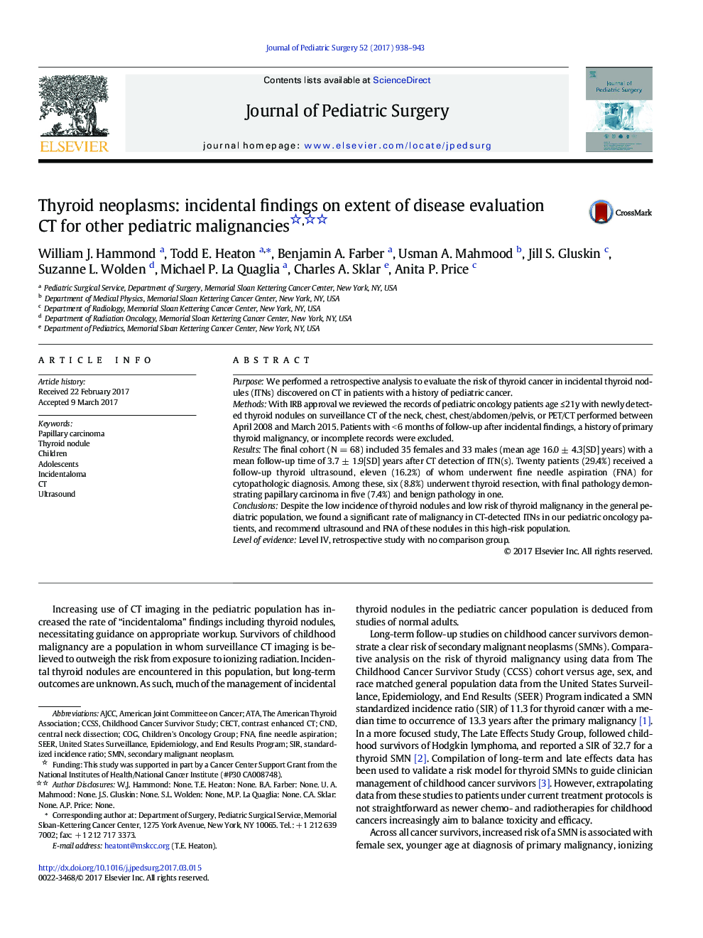 Clinical PaperThyroid neoplasms: incidental findings on extent of disease evaluation CT for other pediatric malignancies