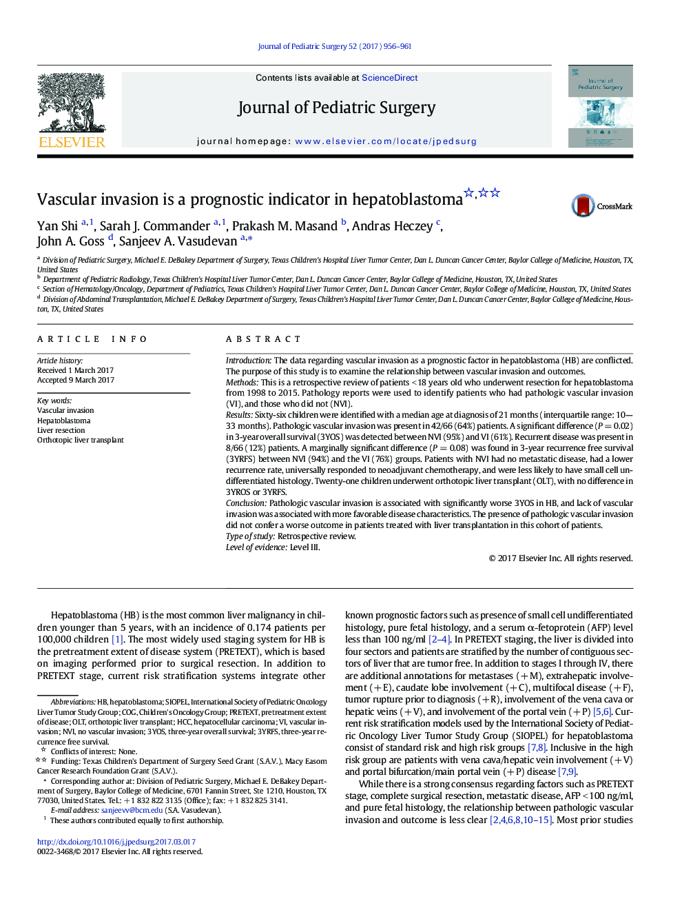 Clinical PaperVascular invasion is a prognostic indicator in hepatoblastoma