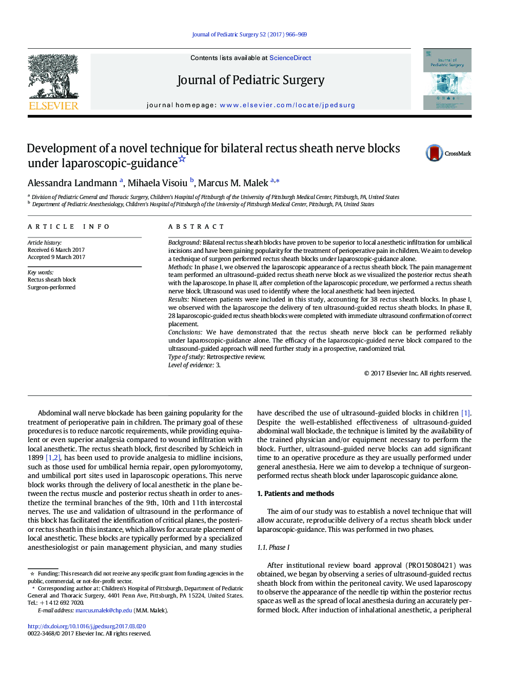 Clinical PaperDevelopment of a novel technique for bilateral rectus sheath nerve blocks under laparoscopic-guidance