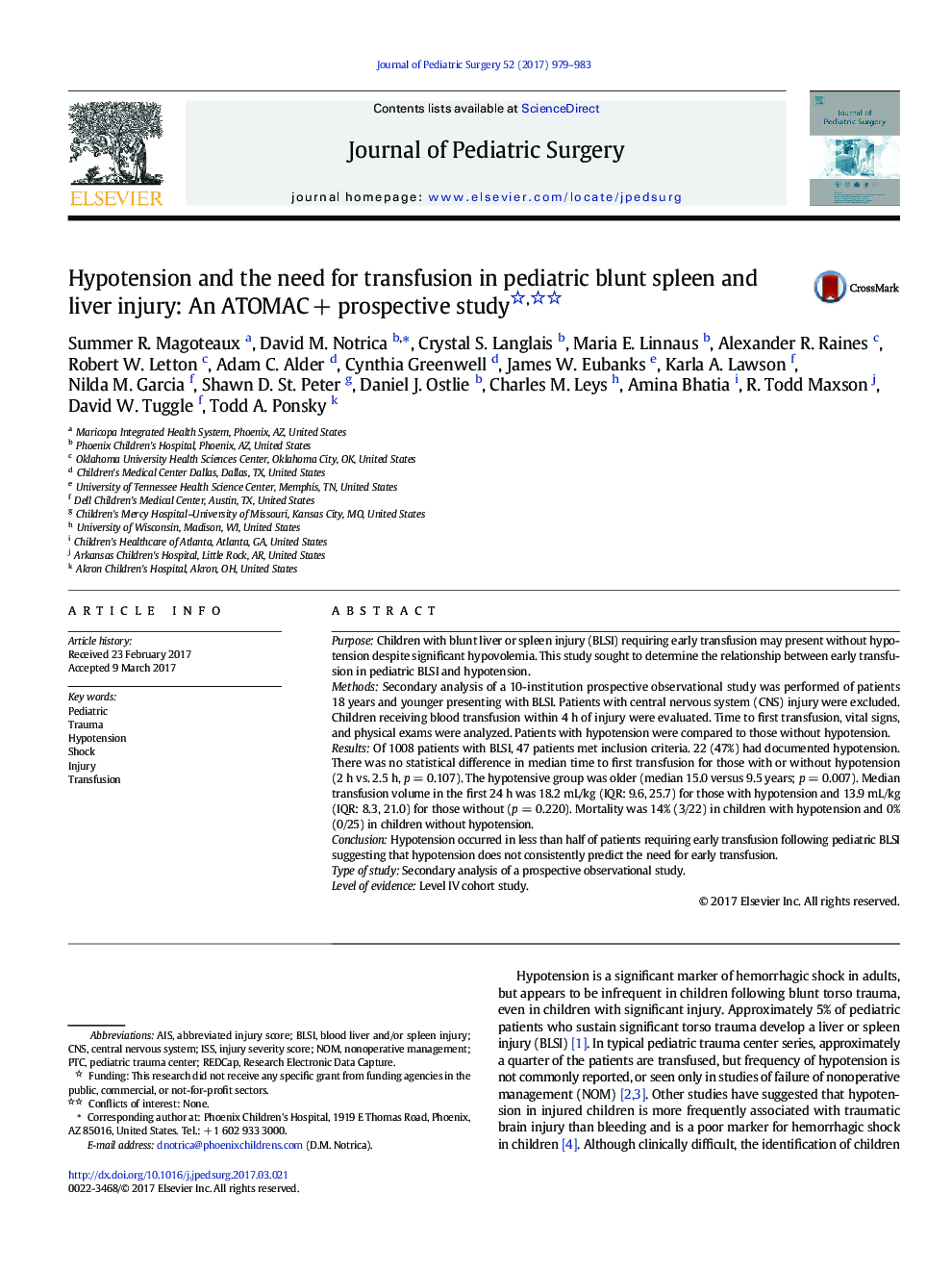 Trauma/Critical CareHypotension and the need for transfusion in pediatric blunt spleen and liver injury: An ATOMACÂ + prospective study